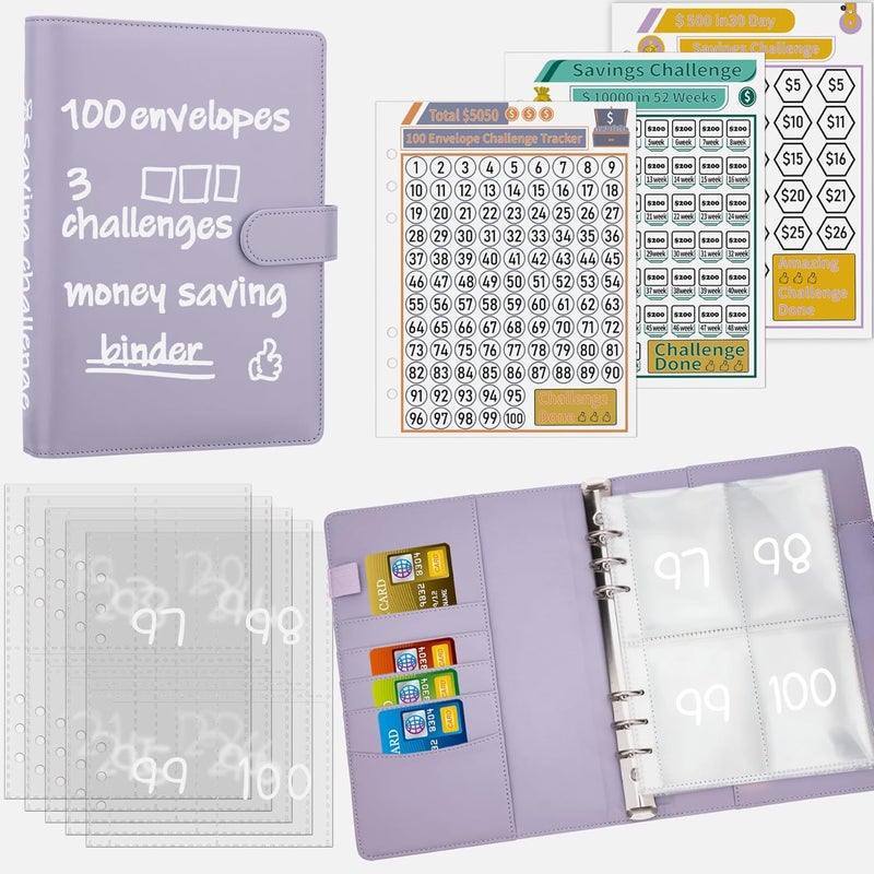 Antner 100 Envelopes Money Saving Challenge Binder, Savings Challenges Book with Envelopes & 3 Challenge Trackers to Save $5,050 and $500 and $10,000, A5 Budget Binder Money Saving Book, Purple - Image 1
